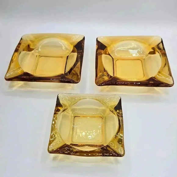 Set of 3 Vintage 1970s Anchor Hocking Amber MCM Glass Square Tapered Ashtray